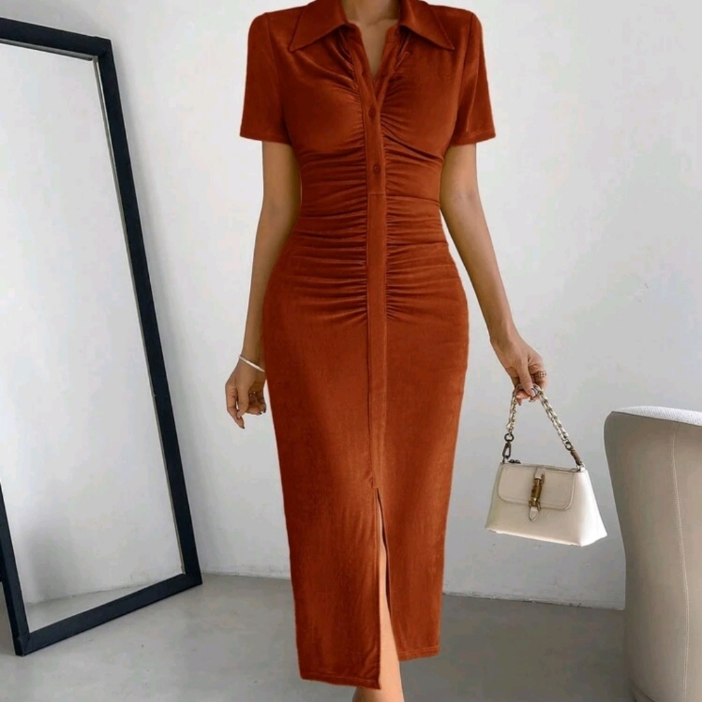 Women's Short Sleeve Turn-Down Collar A-Line Dress With Single Breasted Closure - Picture 4 of 6
